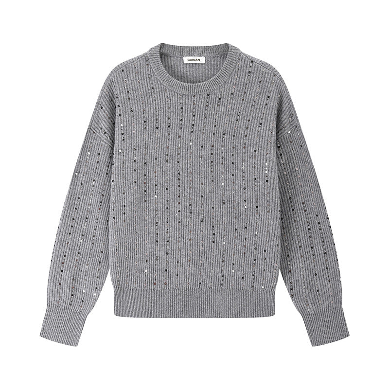 Gray Round Neck Long Sleeve Knit Sweater Wool