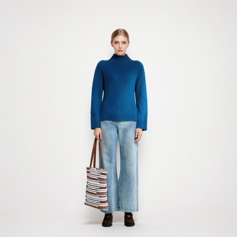 Women's Custom Blue Round Neck Long Sleeve Wool Knit Sweater | OEM/ODM Knitwear Manufacturer