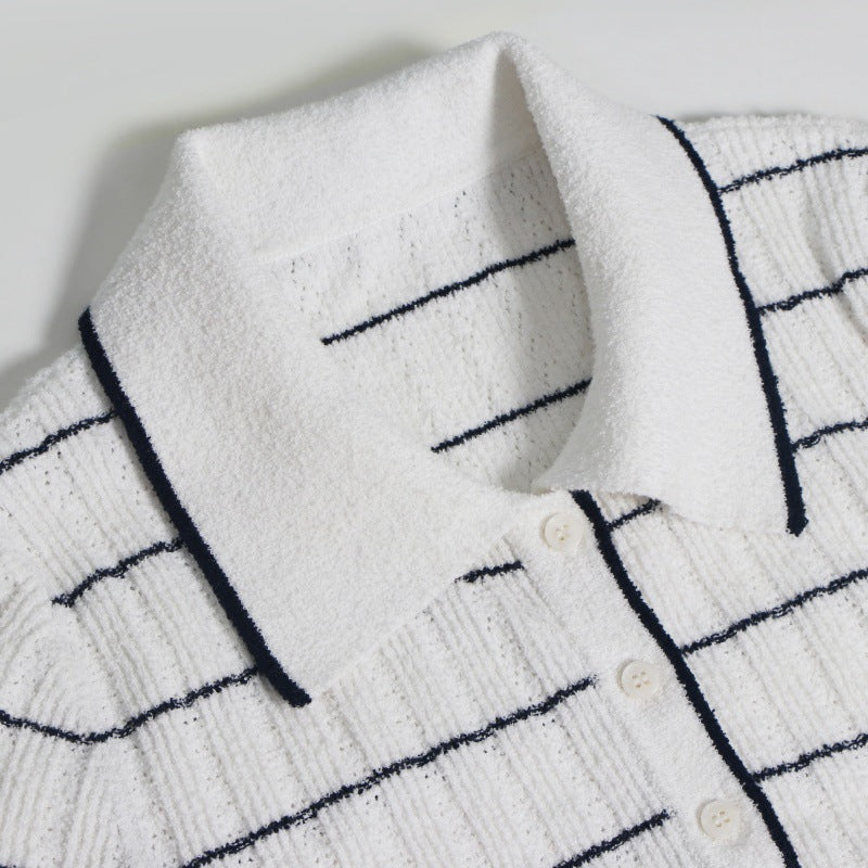 Women's Custom White Lapel Short Sleeve Knit Dress | OEM/ODM Knitwear Manufacturer
