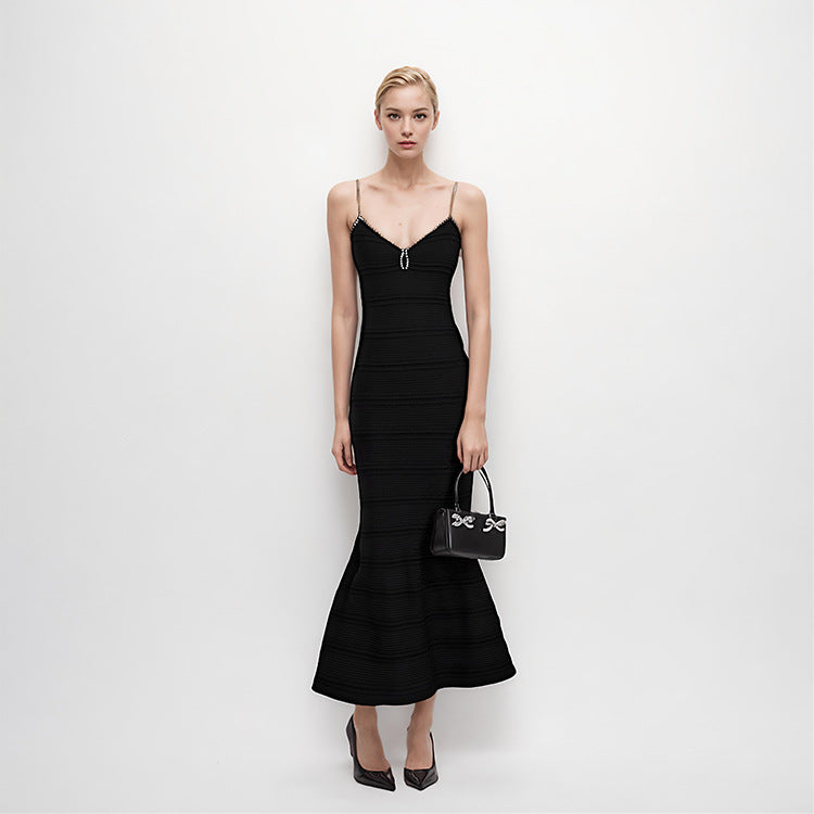 Women's Custom Black & Red V-Neck Sleeveless Knit Dress | OEM/ODM Knitwear Manufacturer