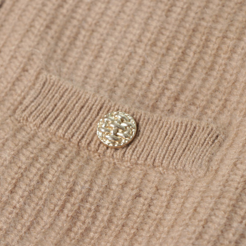 Brown Round Neck Long Sleeve Knit Cardigan Wool