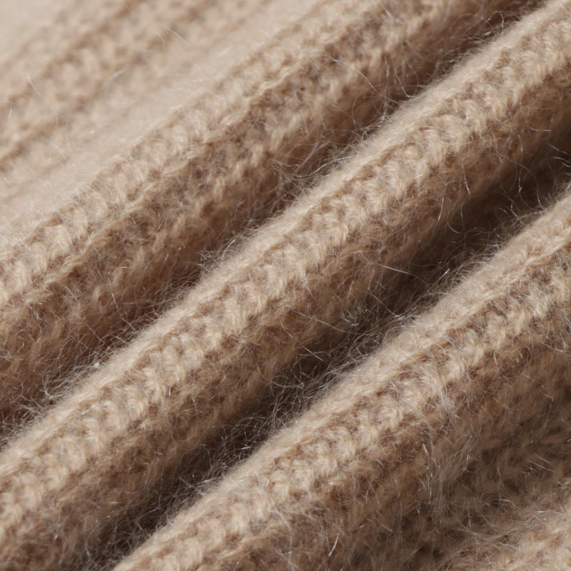 Brown Round Neck Long Sleeve Knit Cardigan Wool