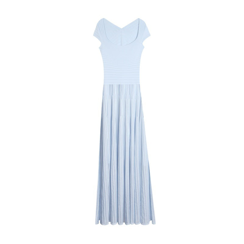 Blue Square Neck Short Sleeve Knit Dress