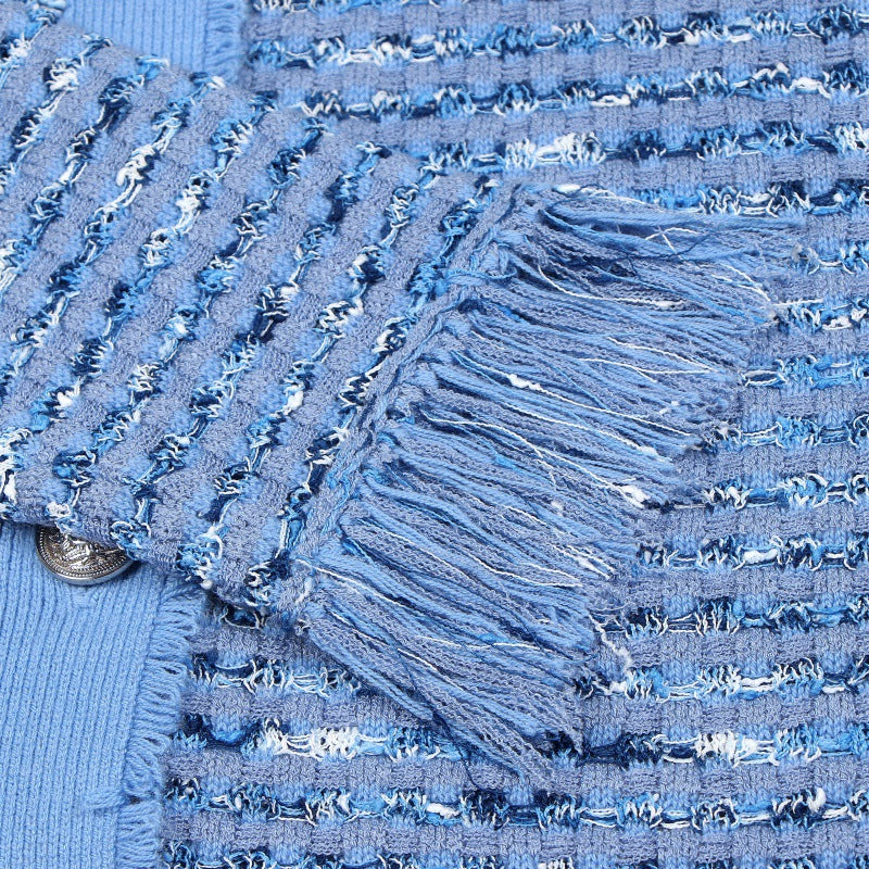 Women's Custom Blue Round Neck Long Sleeve Wool Knit Sweater | OEM/ODM Knitwear Manufacturer