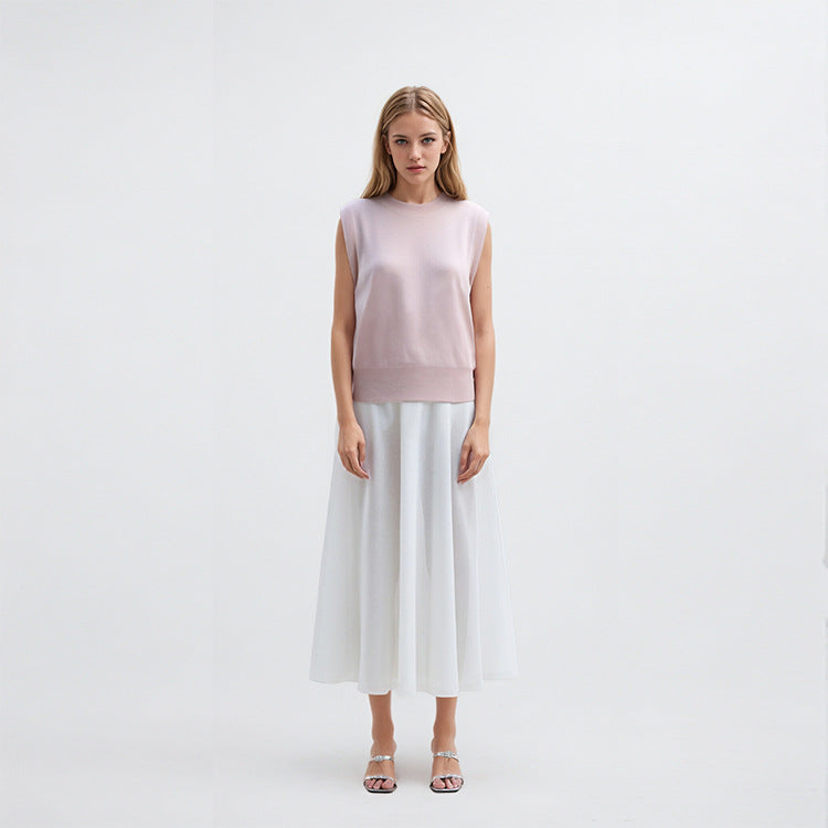 Women's Custom Pink Round Neck Sleeveless Wool Knit Vest | OEM/ODM Knitwear Manufacturer