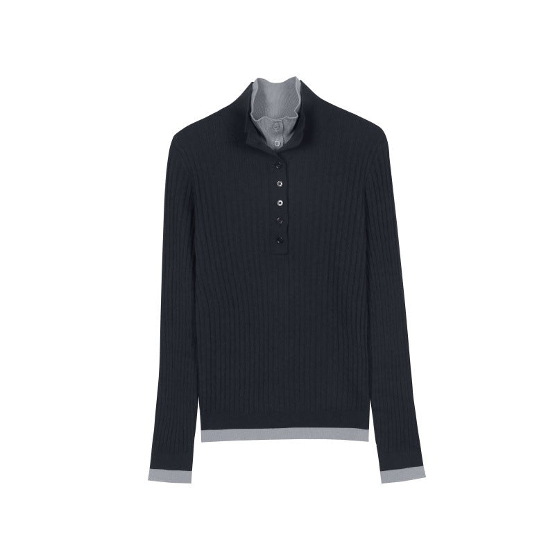 Women's Custom Blue High Neck Long Sleeve Wool Knit Sweater | OEM/ODM Knitwear Manufacturer