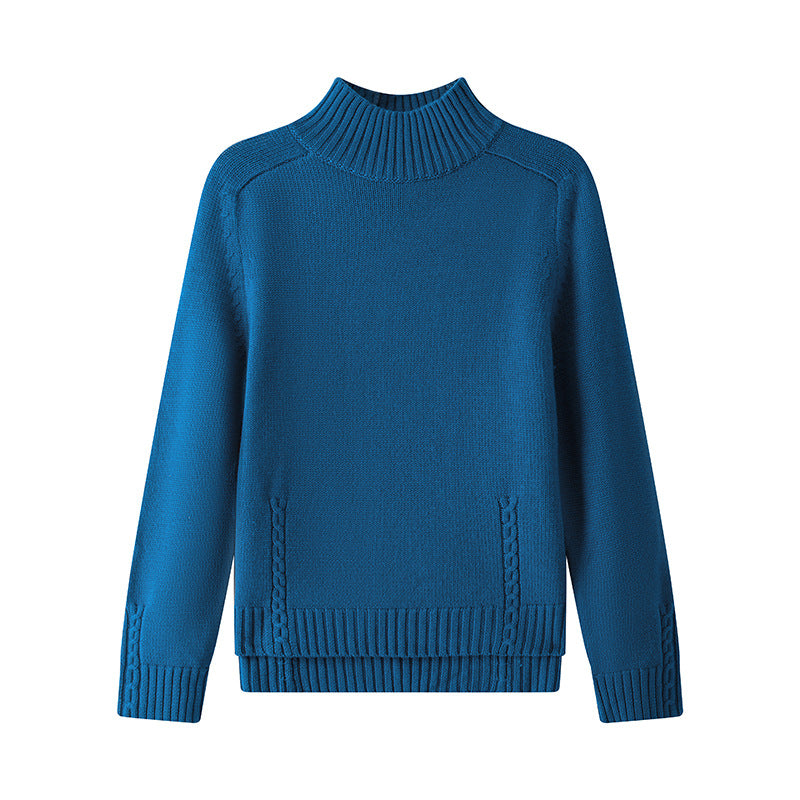 Women's Custom Blue Round Neck Long Sleeve Wool Knit Sweater | OEM/ODM Knitwear Manufacturer