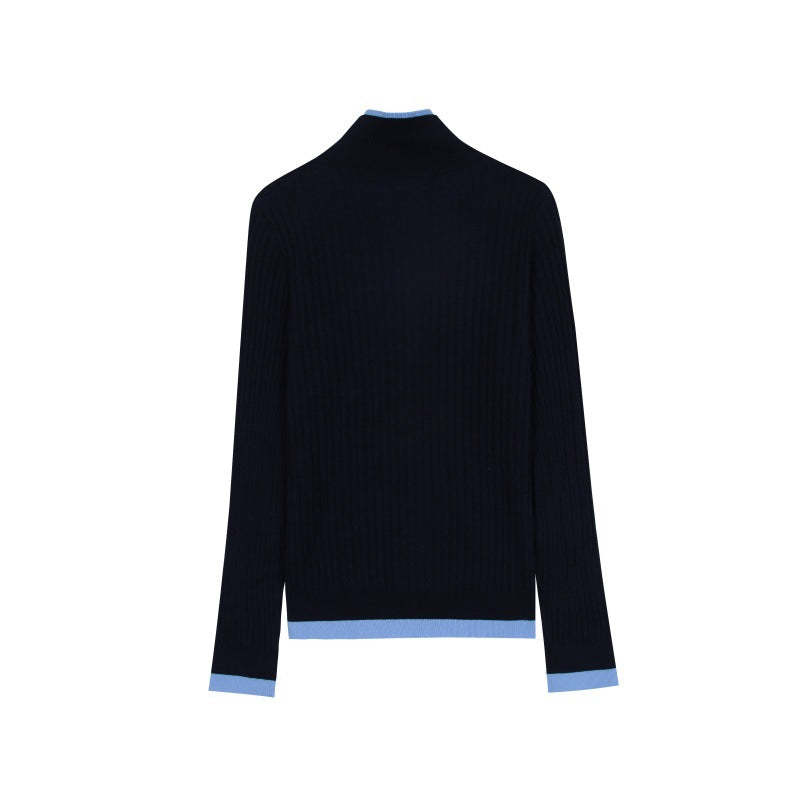 Women's Custom Blue High Neck Long Sleeve Wool Knit Sweater | OEM/ODM Knitwear Manufacturer