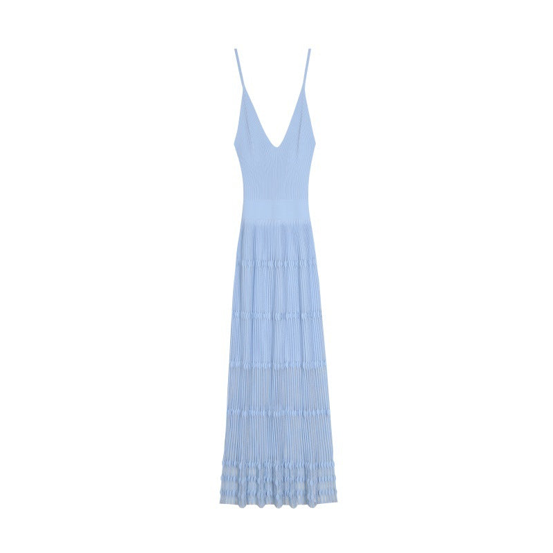 Blue V Neck Sleeveless Knit Dress