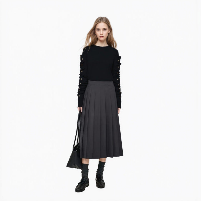 Black Round Neck Long Sleeve Knit Sweater Wool