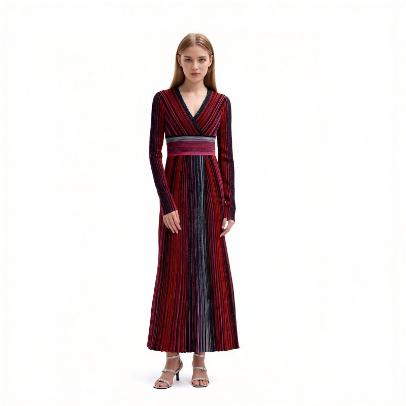 Women's Red V-Neck Long Sleeve Knit Dress