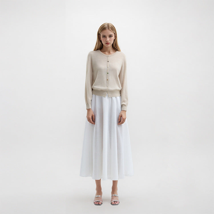 Women's Custom Round Neck Long Sleeve Wool Knit Cardigan | OEM/ODM Knitwear Manufacturer