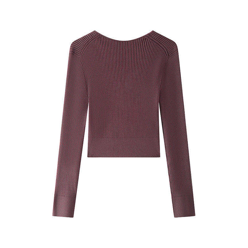 Women's Custom Burgundy V-Neck Long Sleeve Wool Knit Sweater | OEM/ODM Knitwear Manufacturer