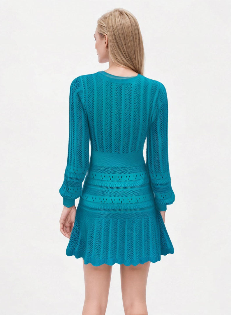 Blue V Neck Long Sleeve Knit Dress