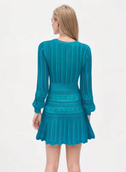 Blue V Neck Long Sleeve Knit Dress