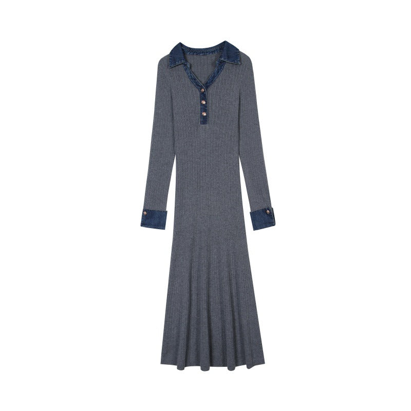 Gray Polo Collar Long Sleeve Knit Dress Wool