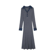 Gray Polo Collar Long Sleeve Knit Dress Wool
