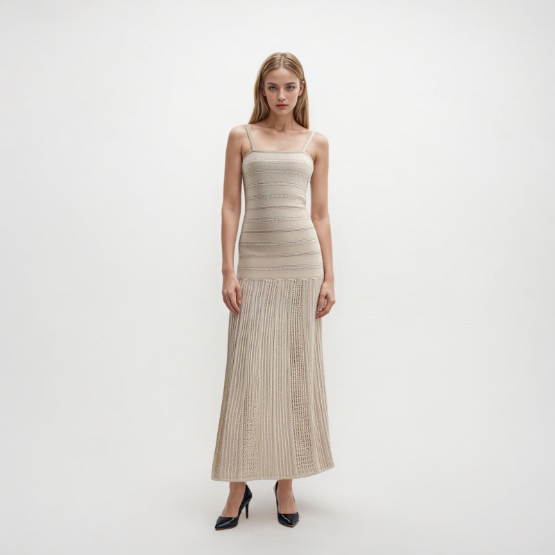 Women's Custom Beige Sleeveless Spaghetti Strap Knit Dress | OEM/ODM Knitwear Manufacturer