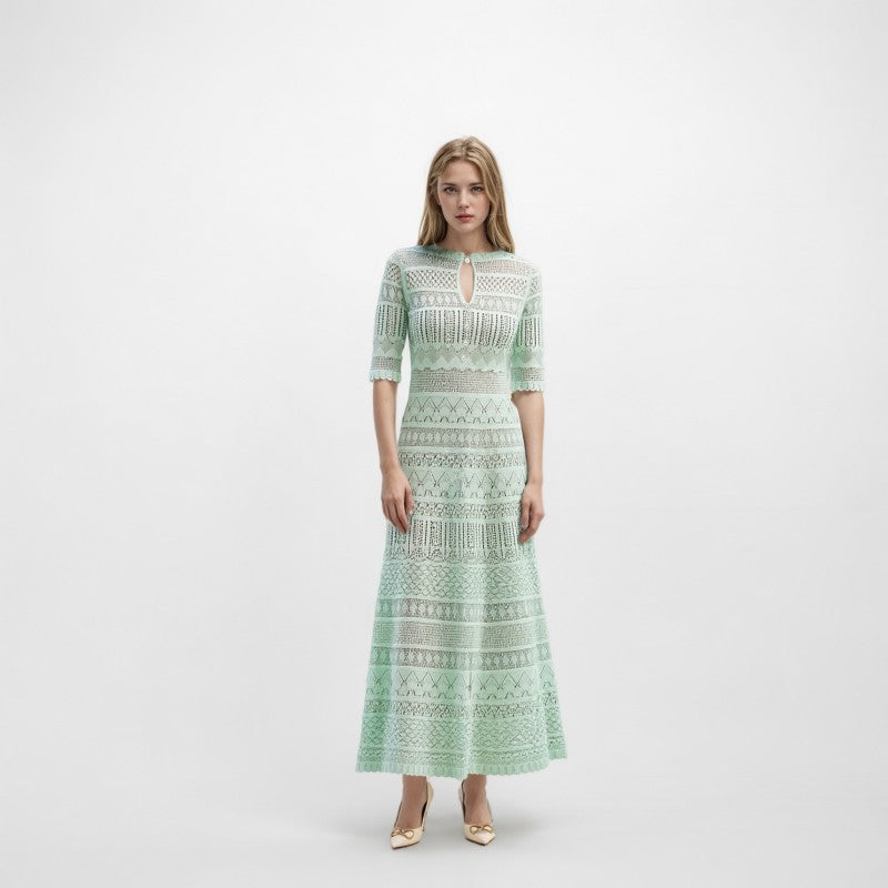 Women's Custom Green Round Neck Short Sleeve Knit Dress | OEM/ODM Knitwear Manufacturer