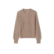 Brown Round Neck Long Sleeve Knit Cardigan Wool