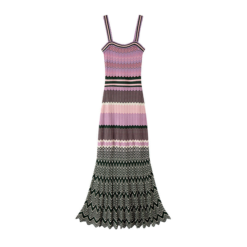 Women's Custom Stripe Straight Neck Sleeveless Knit Maxi Dress | OEM/ODM Knitwear Manufacturer