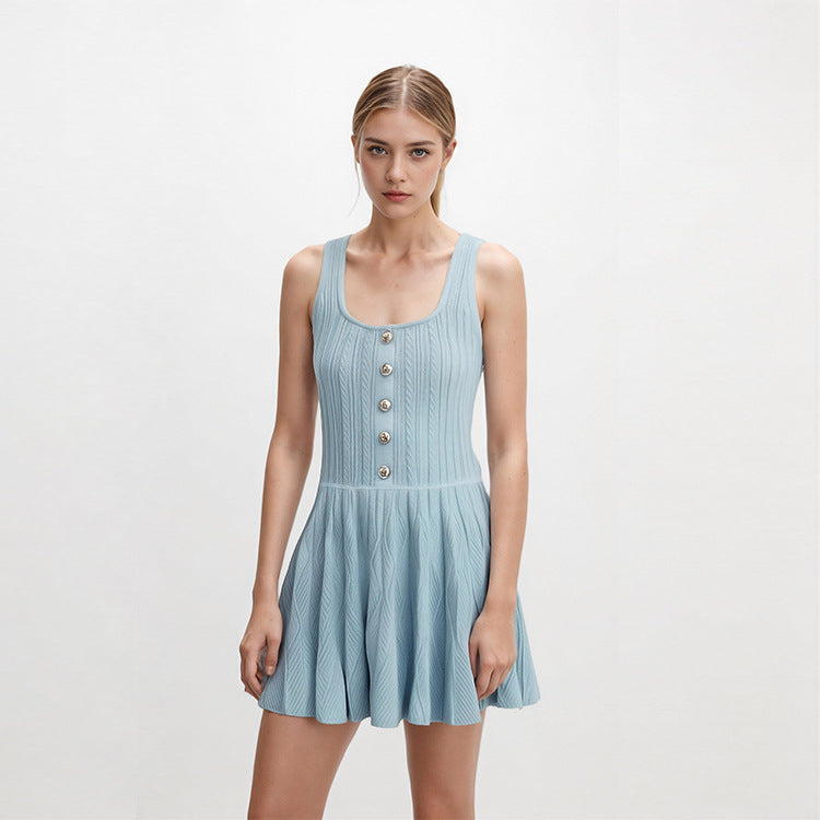 Pink Square Neck Sleeveless Knit Dress