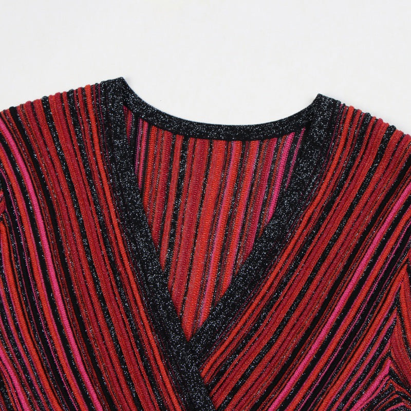 Women's Red V-Neck Long Sleeve Knit Dress