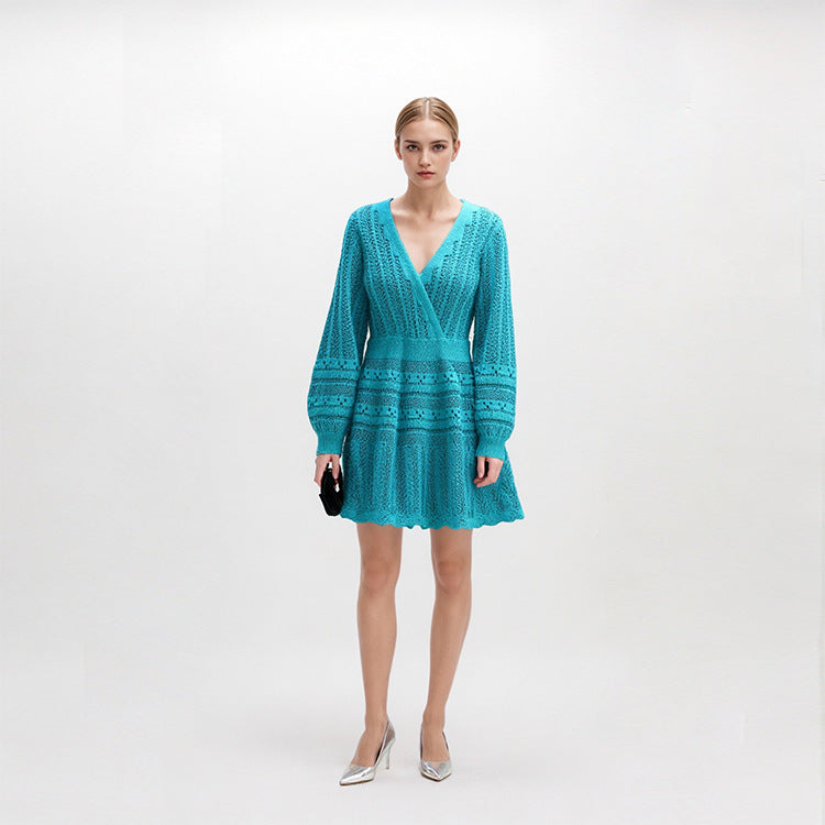 Blue V Neck Long Sleeve Knit Dress