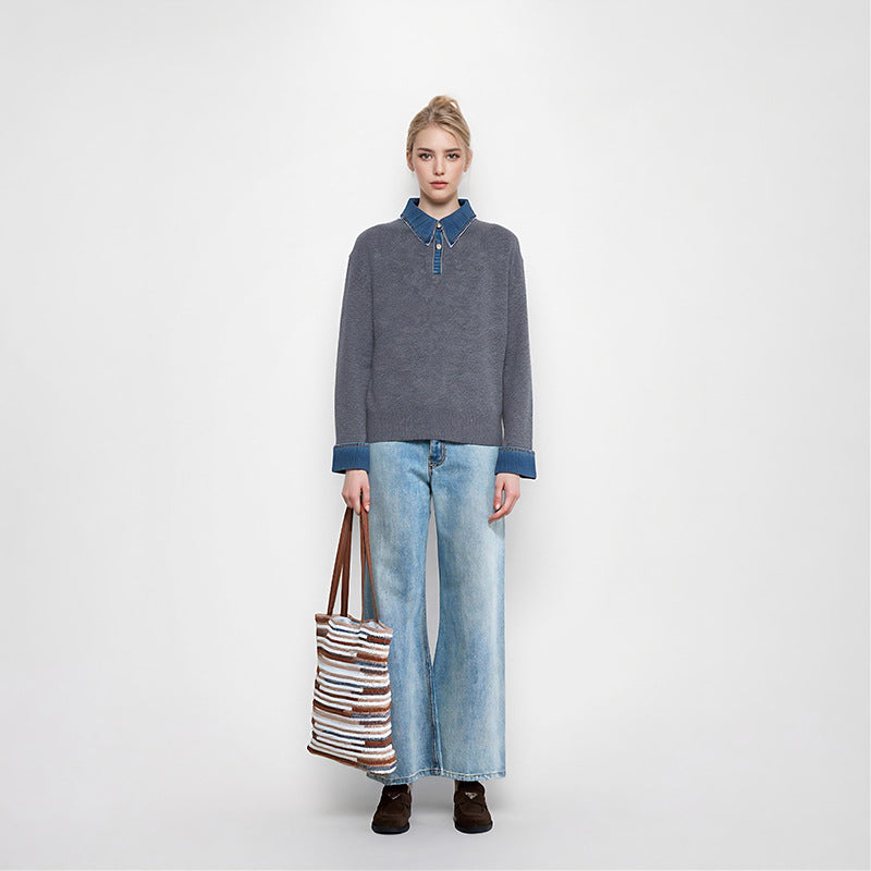 Women's Custom Gray Lapel Wool Knit Sweater | OEM/ODM Knitwear Manufacturer