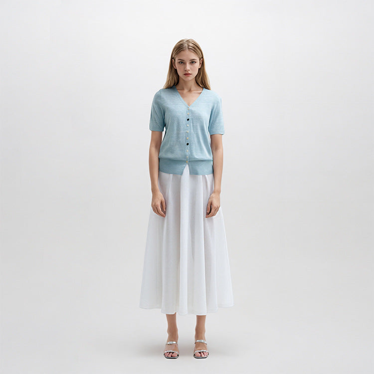 Women's Custom Blue V-Neck Short Sleeve Button-Front Wool Knit Cardigan | OEM/ODM Knitwear Manufacturer