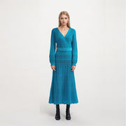 Women's Blue V-Neck Long Sleeve Knit Dress – Wholesale & OEM