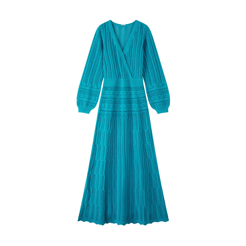 Women's Blue V-Neck Long Sleeve Knit Dress – Wholesale & OEM