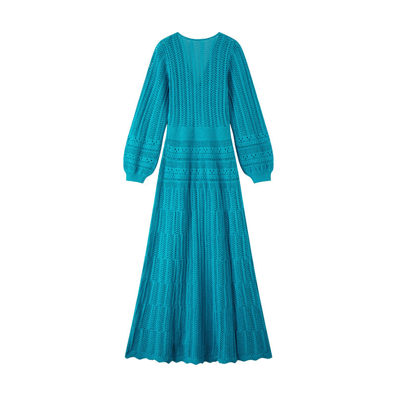 Women's Blue V-Neck Long Sleeve Knit Dress – Wholesale & OEM